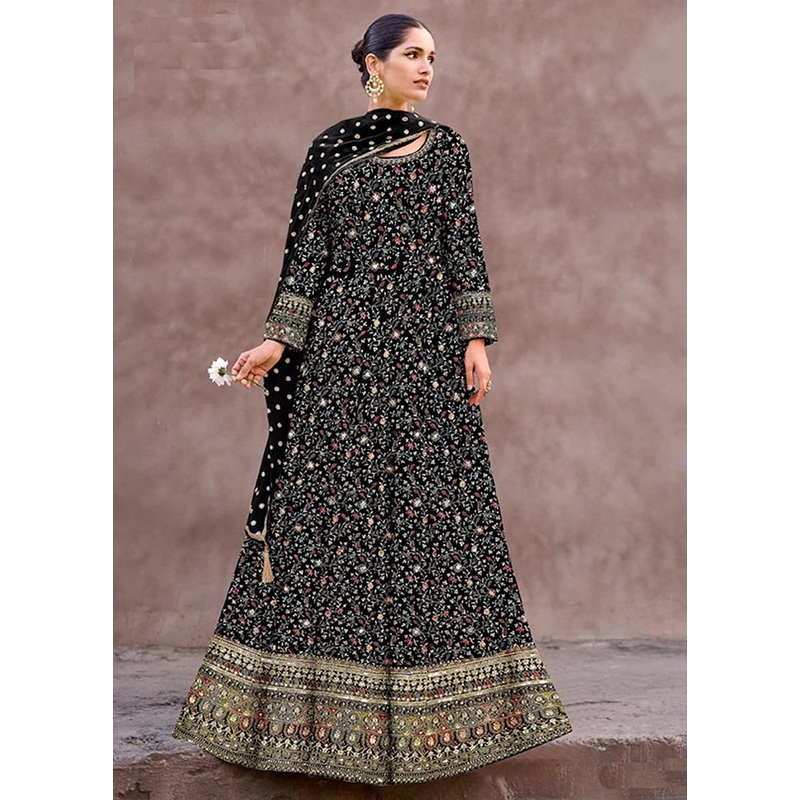 3 Pc Black Semi Stitched Georgette Suit Set - JD986604759