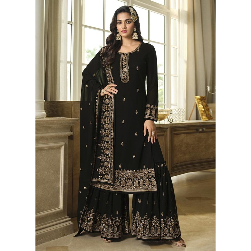3 Pc Black Semi Stitched Georgette Suit Set - JD986604760