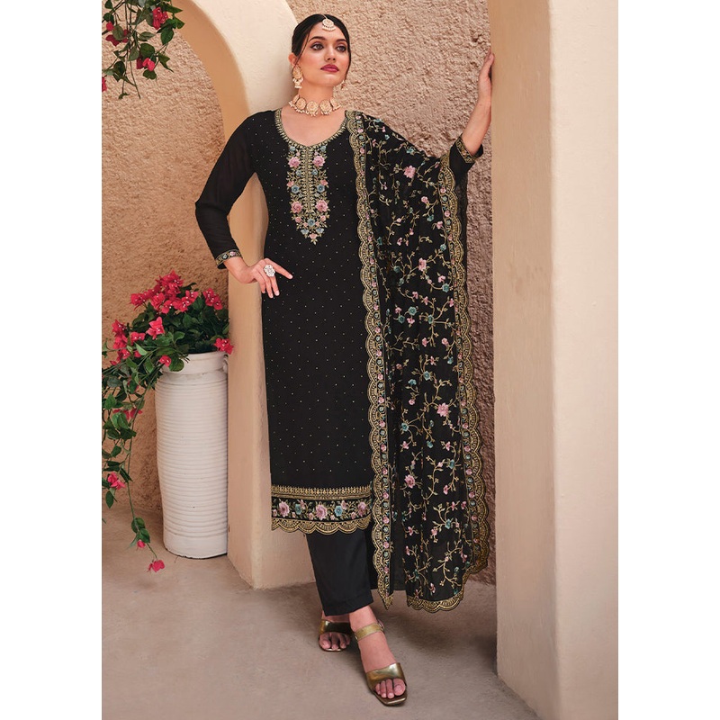 3 Pc Black Semi Stitched Georgette Suit Set - JD986604817