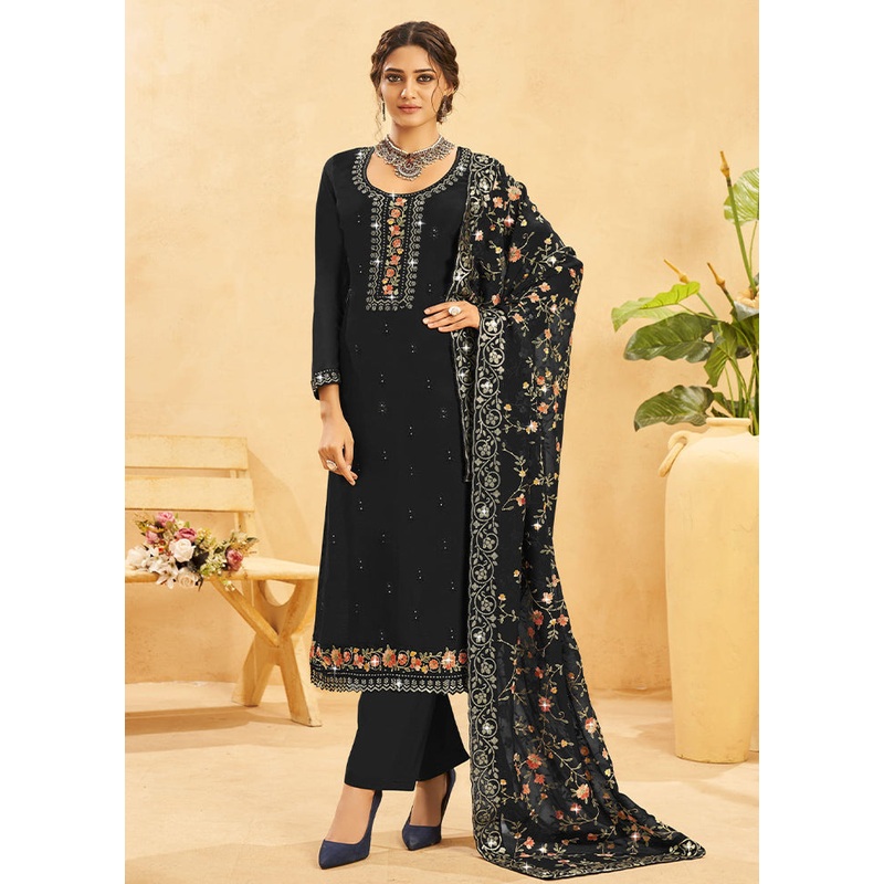 3 Pc Black Semi Stitched Real Organza Suit Set - JD986604816