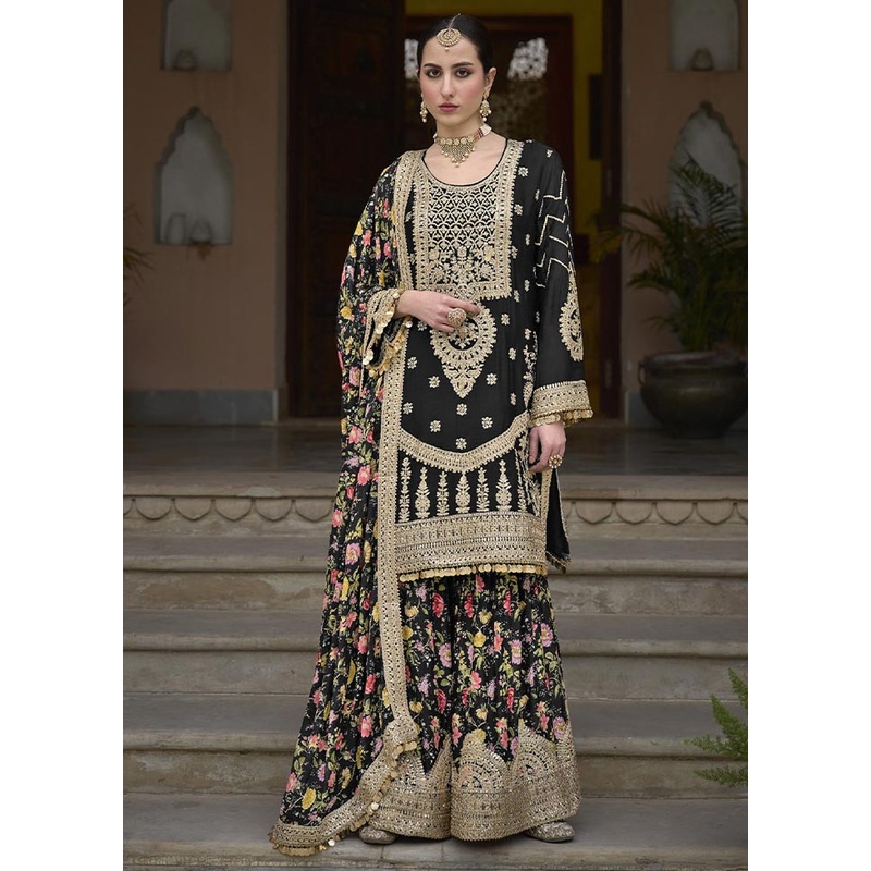 3 Pc Black Semi Stitched Silk Suit Set - JD986604756