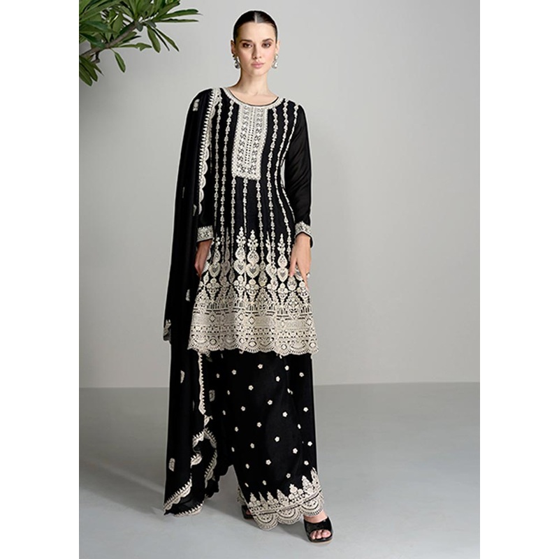 3 Pc Black Semi Stitched Silk Suit Set - JD986604757