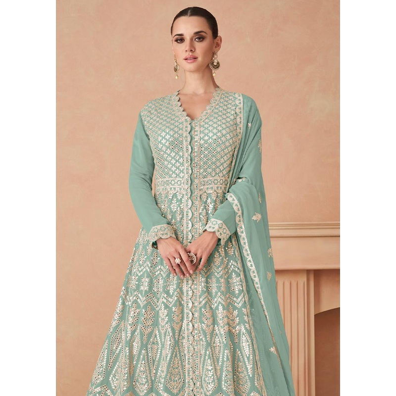 3 Pc Blue Semi Stitched Georgette Suit Set - JD986604753