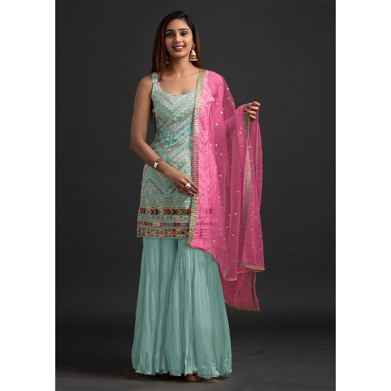 3 Pc Blue Semi Stitched Georgette Suit Set - JD986604754