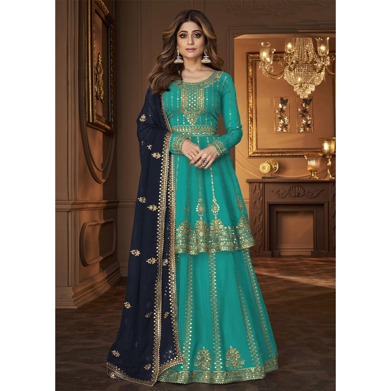 3 Pc Blue Semi Stitched Georgette Suit Set - JD986604755