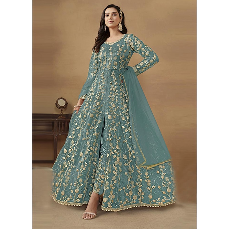 3 Pc Blue Semi Stitched Net Suit Set - JD986604751
