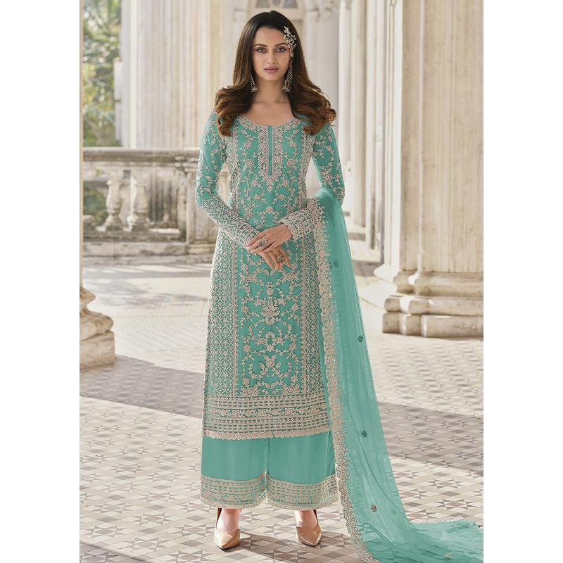 3 Pc Blue Semi Stitched Net Suit Set - JD986604752
