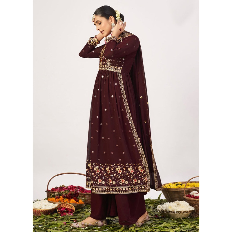 3 Pc Coffee Semi Stitched Georgette Suit Set - JD986604813
