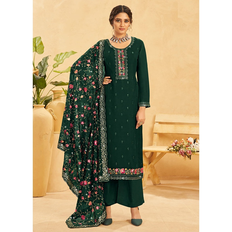 3 Pc Dark Green Semi Stitched Real Organza Suit Set - JD986604812