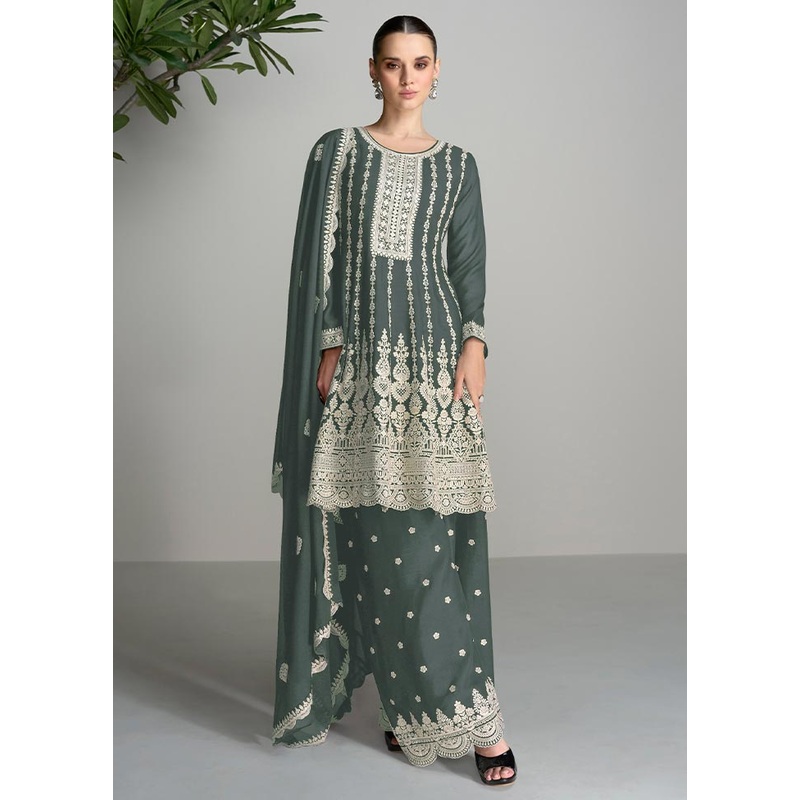 3 Pc Dark Grey Semi Stitched Silk Suit Set - JD986604749