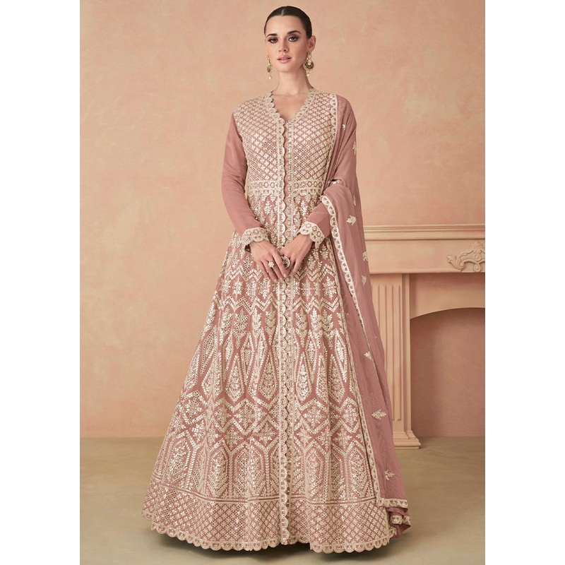 3 Pc Dark Peach Semi Stitched Georgette Suit Set - JD986604748