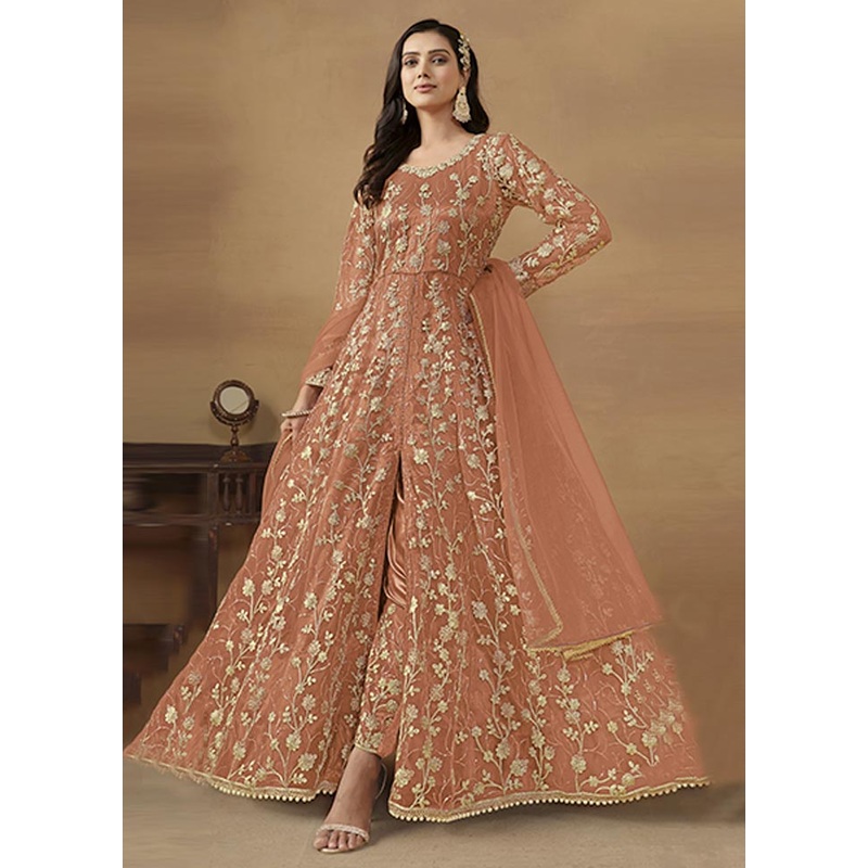 3 Pc Dark Peach Semi Stitched Net Suit Set - JD986604747