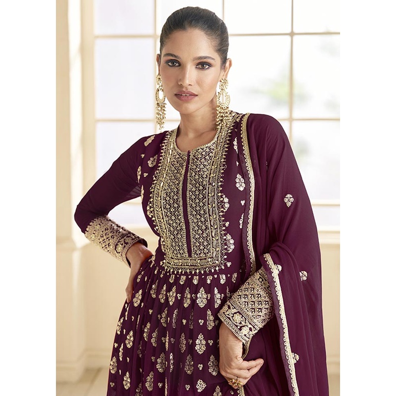 3 Pc Dark Purple Semi Stitched Georgette Suit Set - JD986604746
