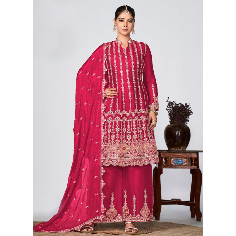 3 Pc Deep Pink Semi Stitched Silk Suit Set - JD986604811