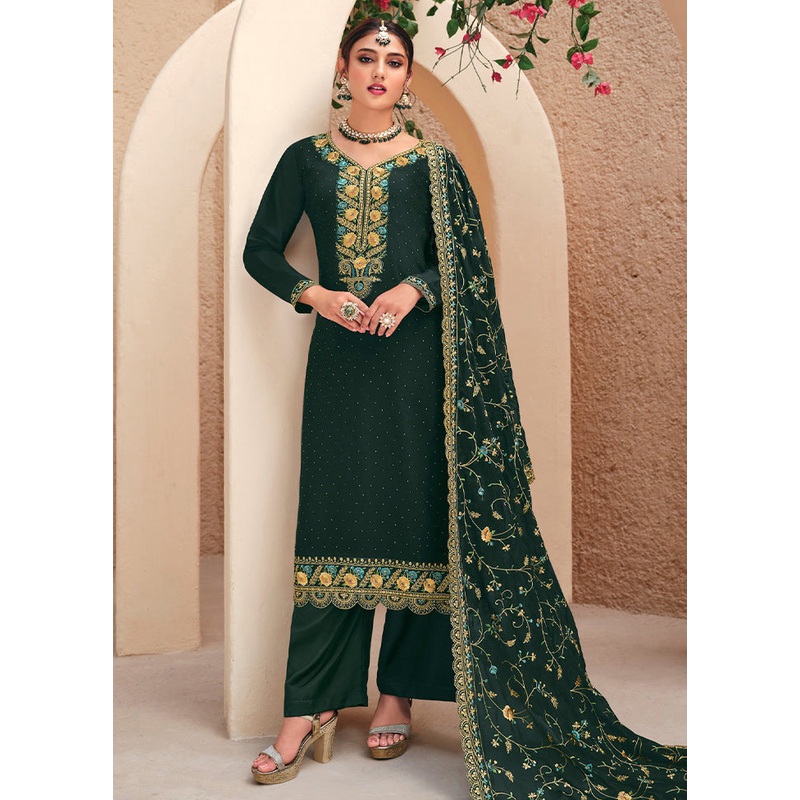 3 Pc Green Semi Stitched Georgette Suit Set - JD986604809