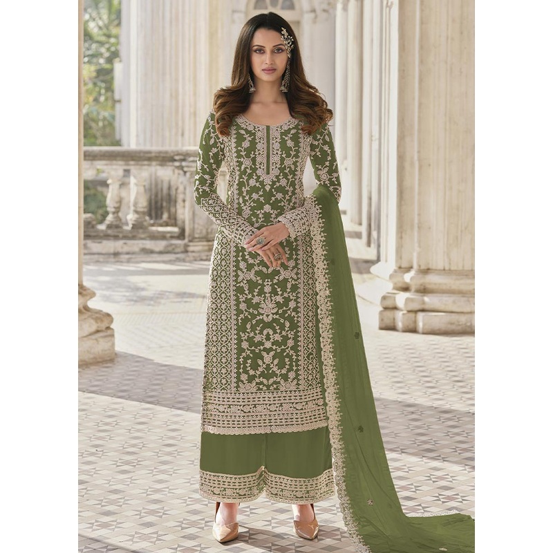 3 Pc Green Semi Stitched Net Suit Set - JD986604744