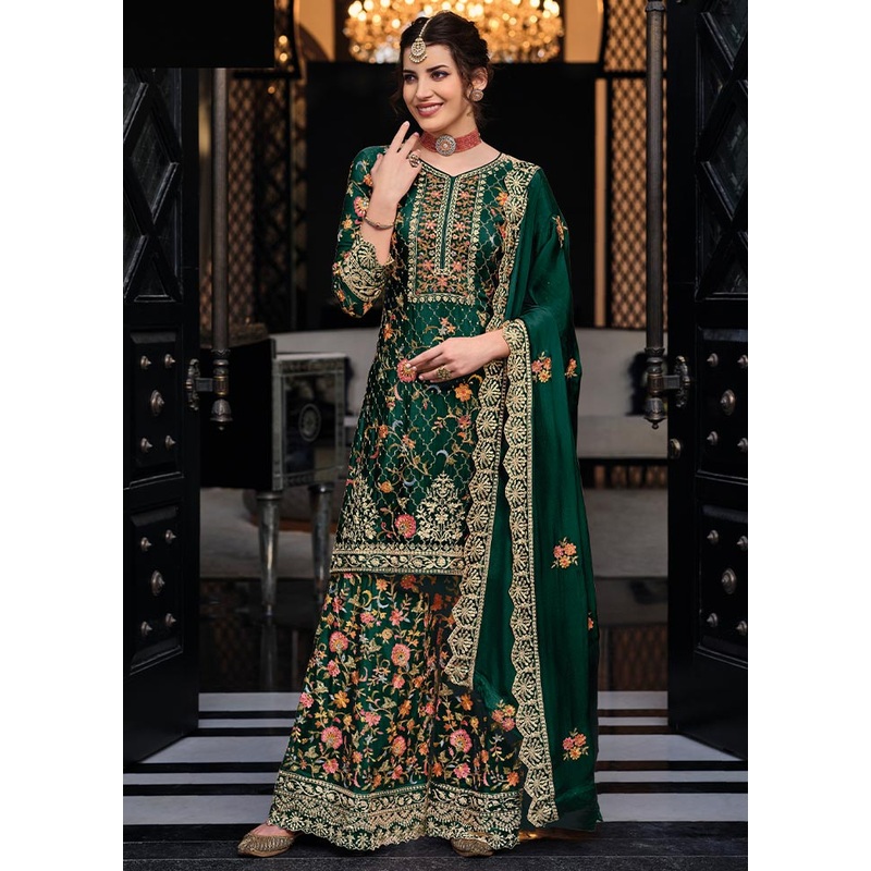 3 Pc Green Semi Stitched Silk Suit Set - JD986604743