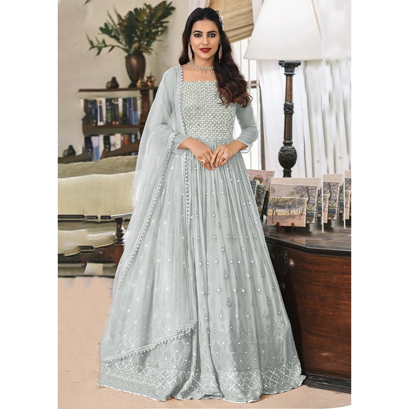 3 Pc Grey Semi Stitched Georgette Suit Set - JD986604742