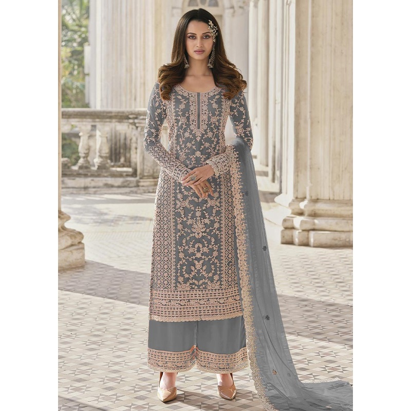 3 Pc Grey Semi Stitched Net Suit Set - JD986604741
