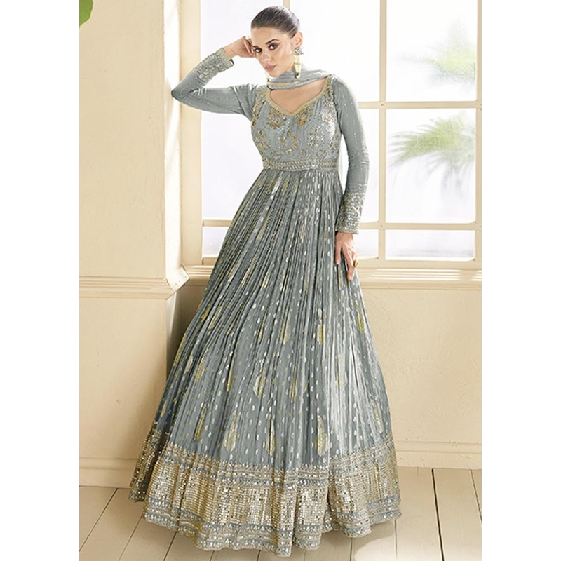 3 Pc Grey Semi Stitched Viscose Suit Set - JD986604740