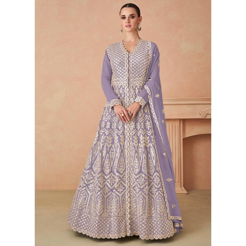 3 Pc Lavender Semi Stitched Georgette Suit Set - JD986604738