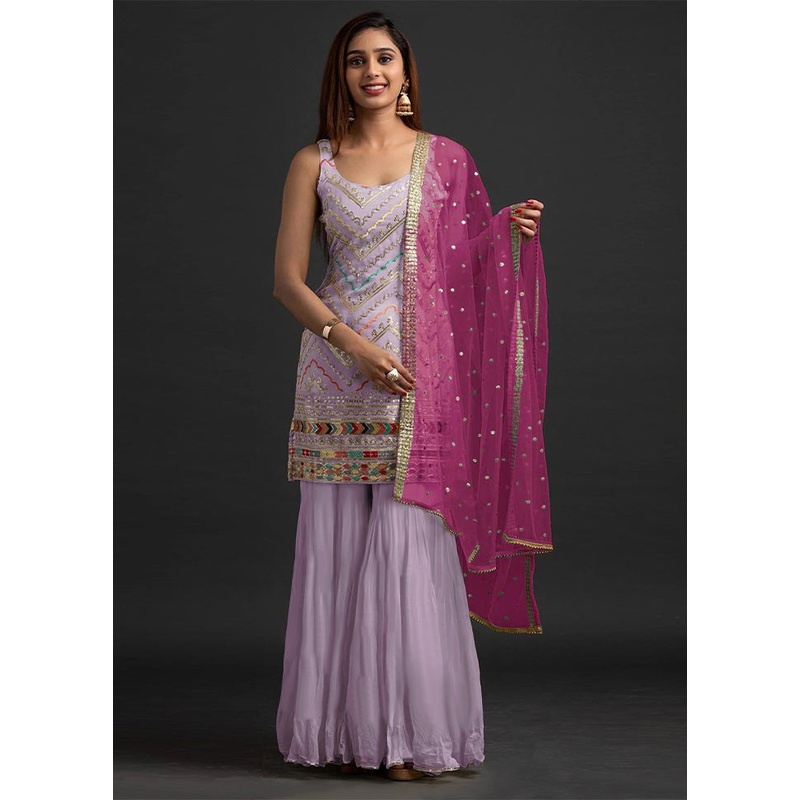 3 Pc Lavender Semi Stitched Georgette Suit Set - JD986604739