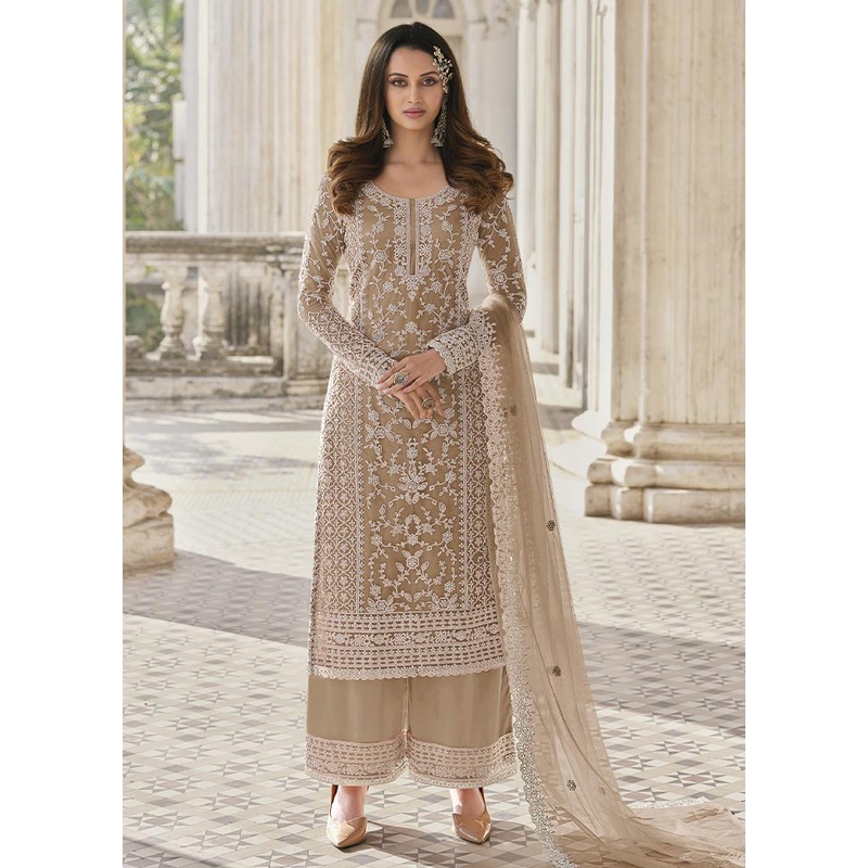 3 Pc Light Brown Semi Stitched Net Suit Set - JD986604737