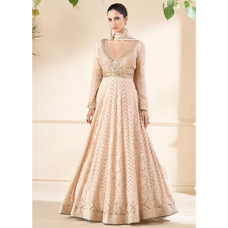 3 Pc Light Peach Semi Stitched Georgette Suit Set - JD986604736