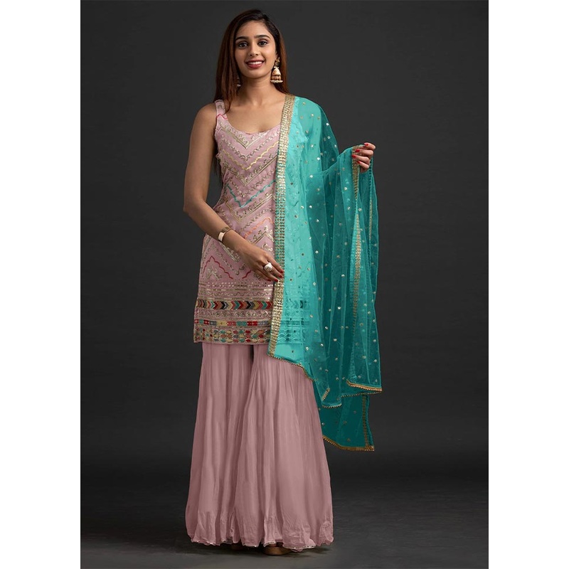 3 Pc Light Pink Semi Stitched Georgette Suit Set - JD986604733