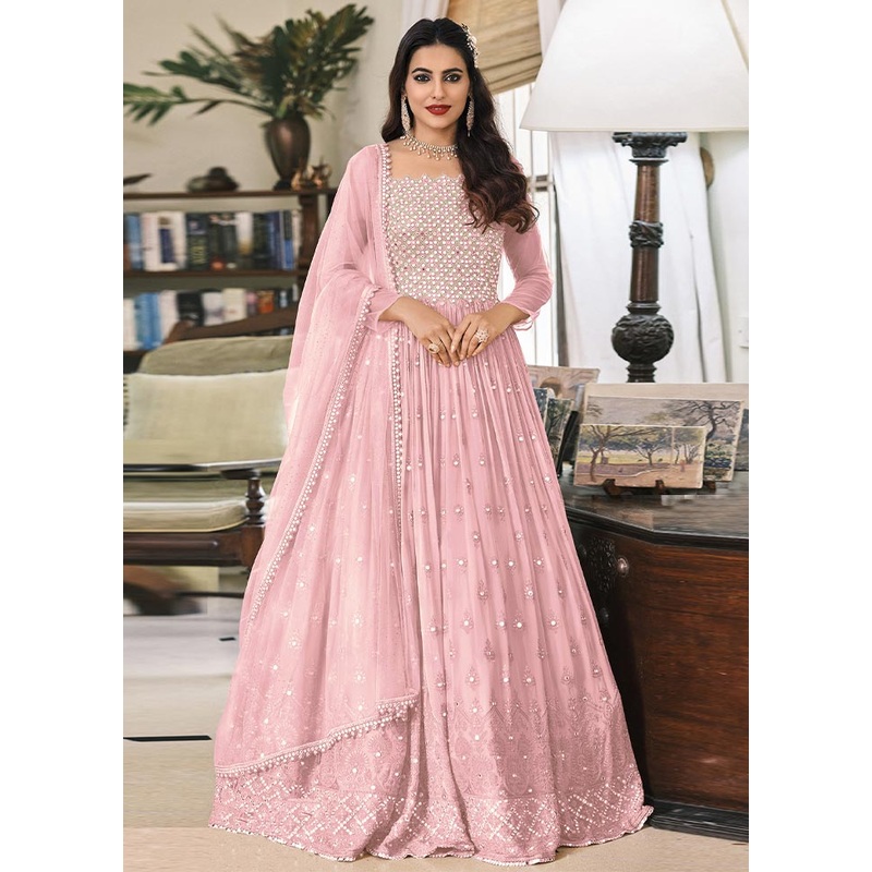 3 Pc Light Pink Semi Stitched Georgette Suit Set - JD986604734