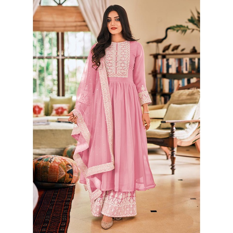 3 Pc Light Pink Semi Stitched Georgette Suit Set - JD986604735