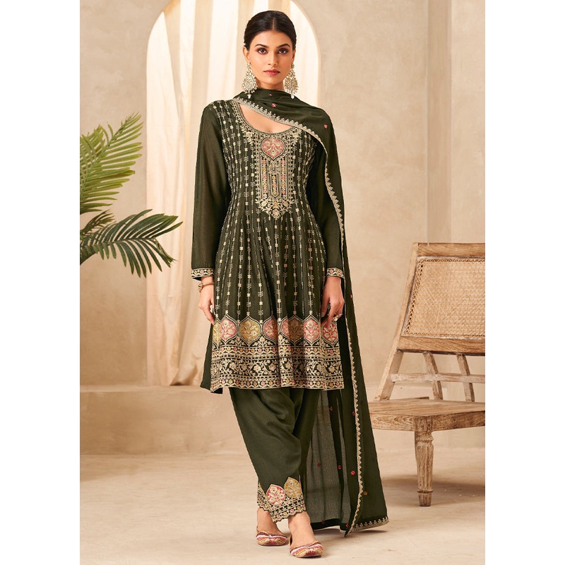 3 Pc Mehendi Green Unstitched Silk Suit Set - JD986604804