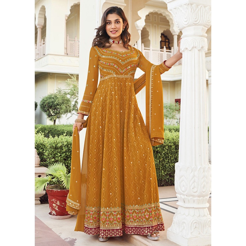 3 Pc Mustard Unstitched Georgette Suit Set - JD986604797