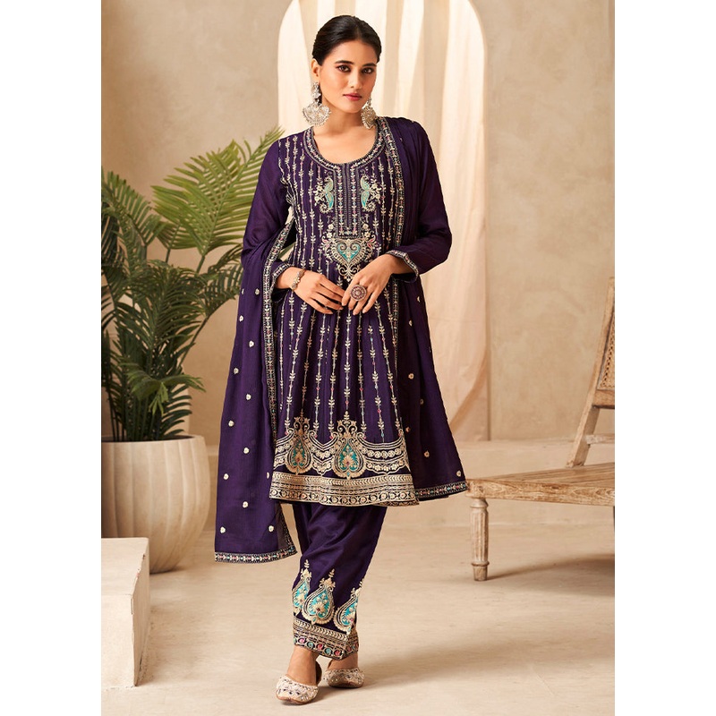 3 Pc Purple Unstitched Silk Suit Set - JD986604787