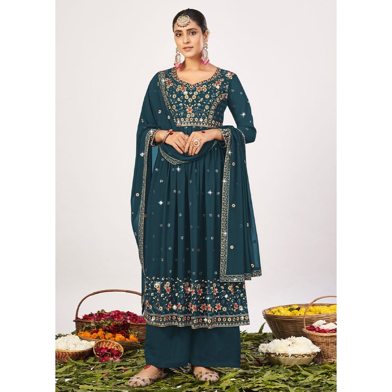 3 Pc Teal Semi Stitched Georgette Suit Set - JD986604771