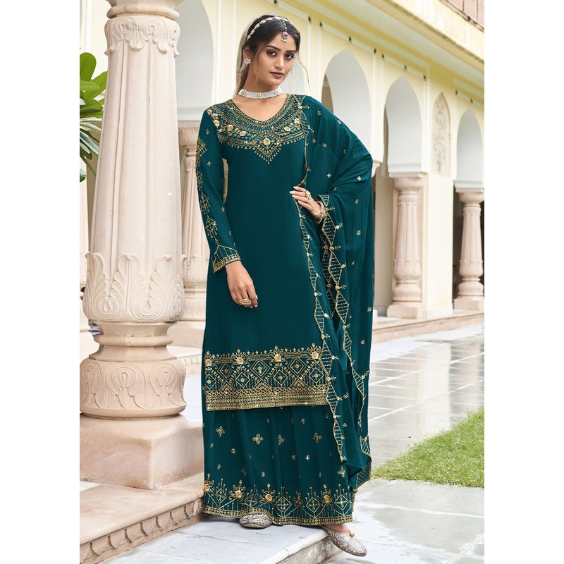 3 Pc Teal Semi Stitched Georgette Suit Set - JD986604772