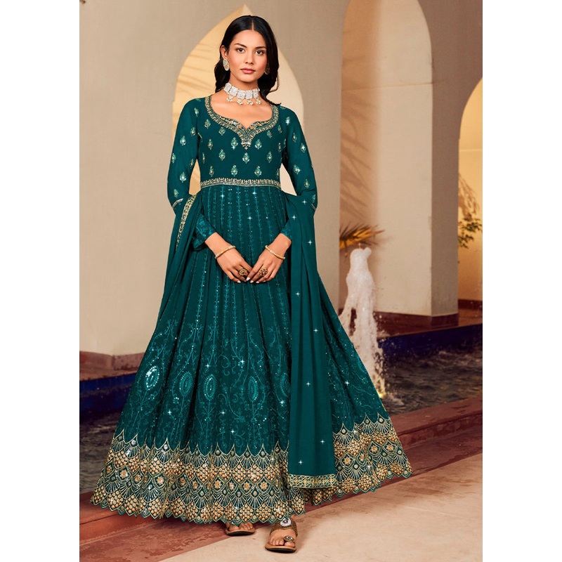 3 Pc Teal Unstitched Georgette Suit Set - JD986604770