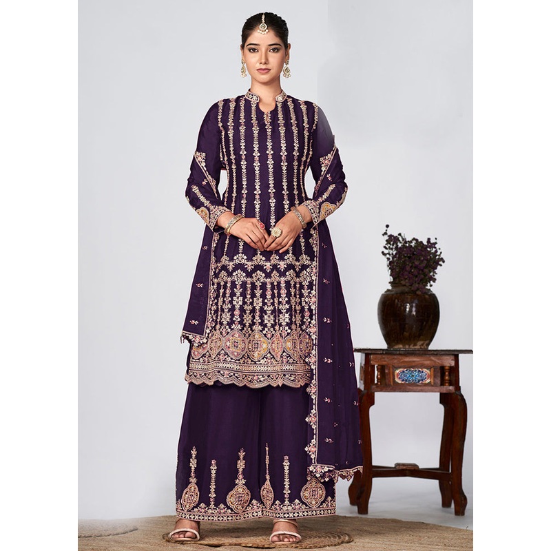 3 Pc Violet Semi Stitched Silk Suit Set - JD986604769