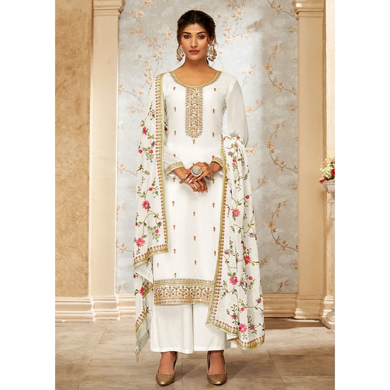 3 Pc White Semi Stitched Georgette Suit Set - JD986604768