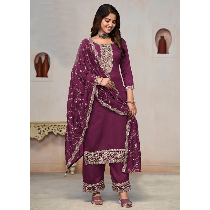 3 Pc Wine Pure Semi Stitched Silk Suit Set - JD986604767