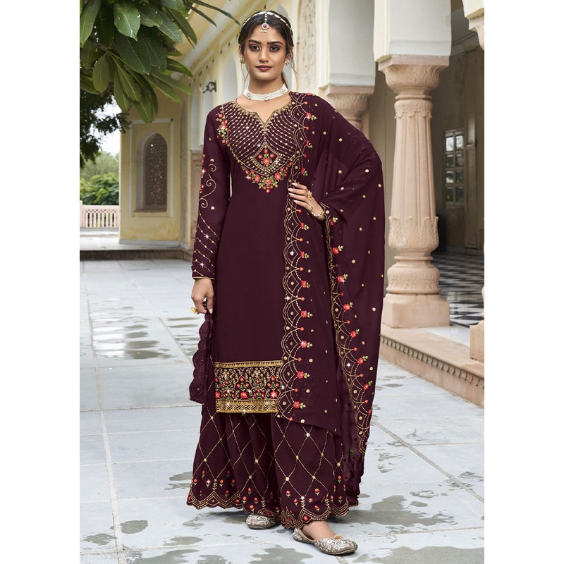 3 Pc Wine Semi Stitched Georgette Suit Set - JD986604766