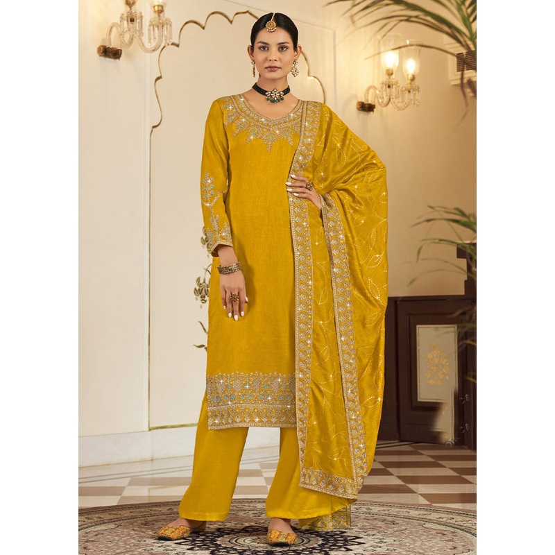 3 Pc Yellow Pure Semi Stitched Silk Suit Set - JD986604765