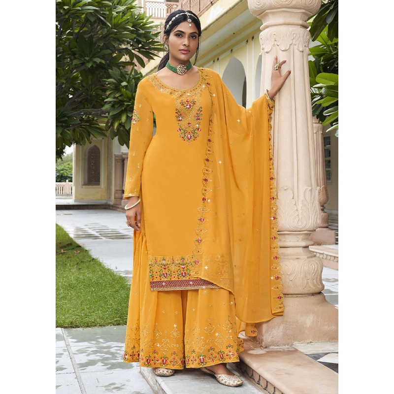 3 Pc Yellow Semi Stitched Georgette Suit Set - JD986604764
