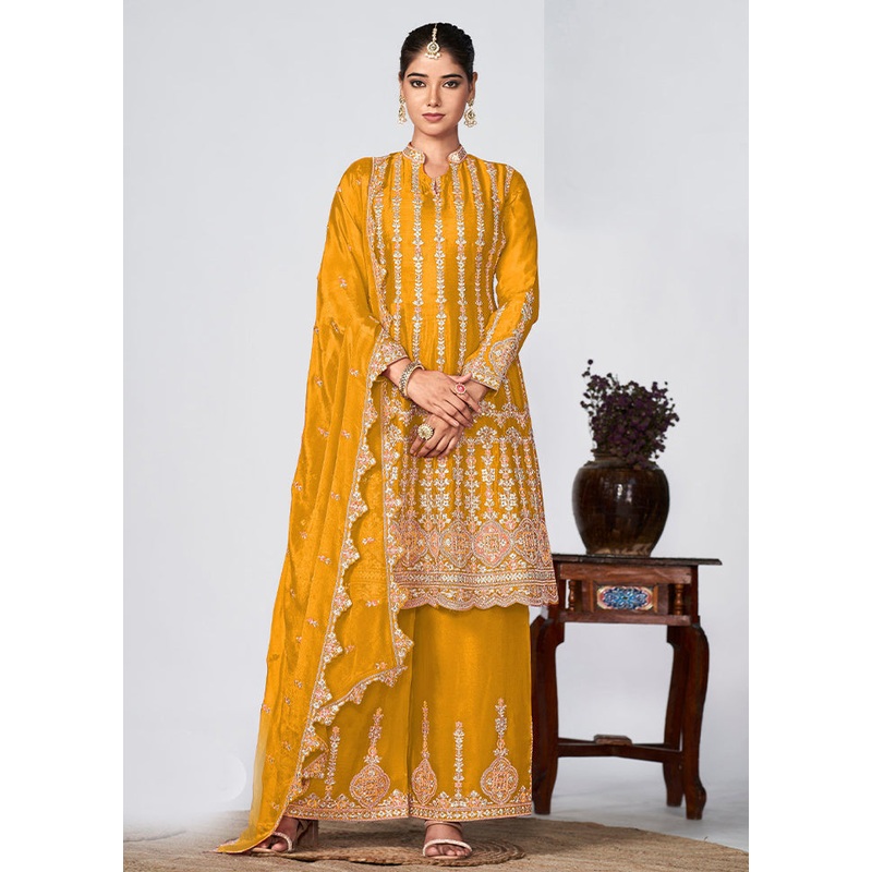 3 Pc Yellow Semi Stitched Silk Suit Set - JD986604763