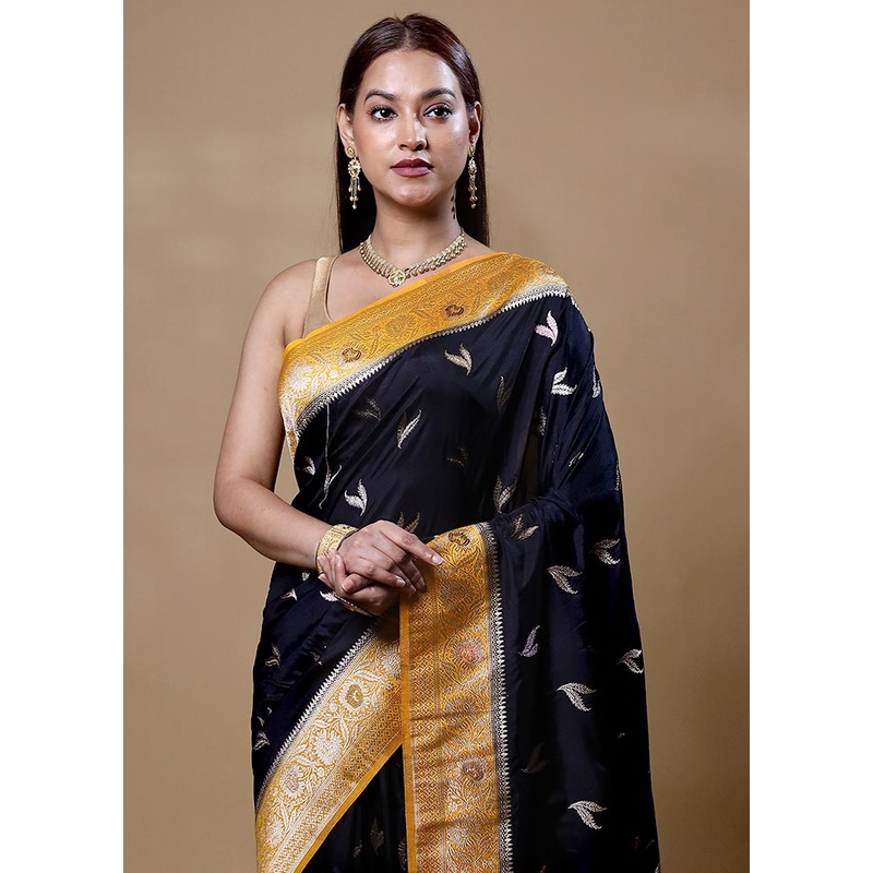Black Dupion Silk Saree With Blouse Piece - JD986604872