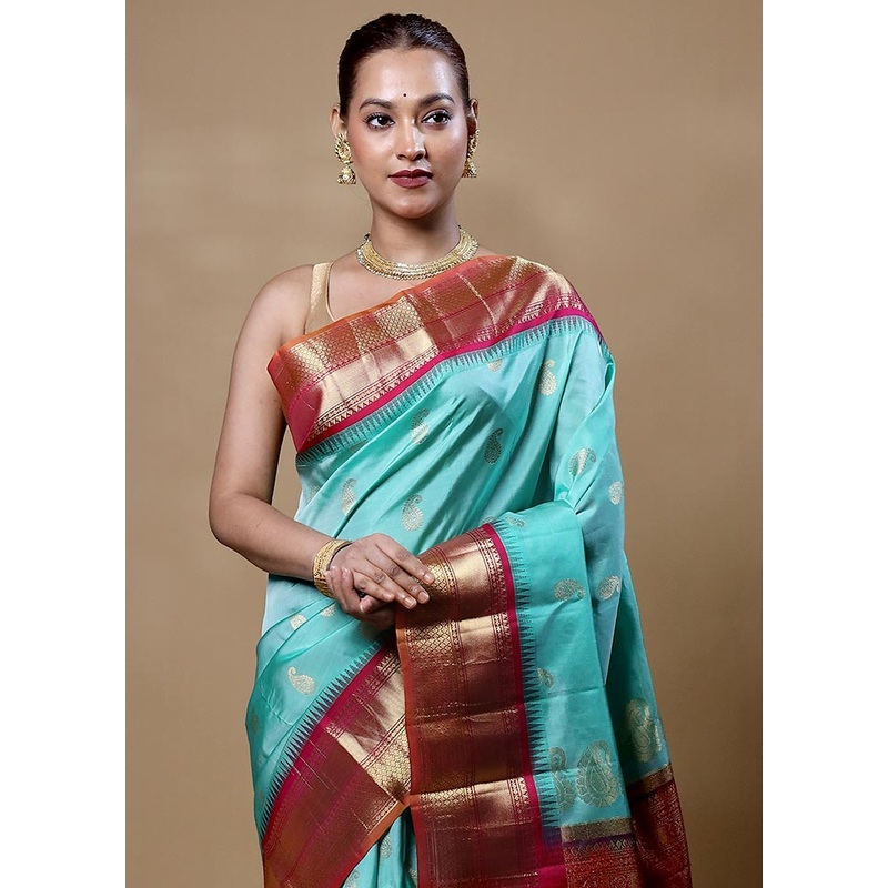 Blue Handloom Kanchipuram Pure Silk Saree With Blouse Piece - JD986604870