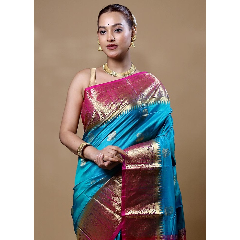Blue Handloom Kanjivaram Pure Silk Saree With Blouse Piece - JD986604869