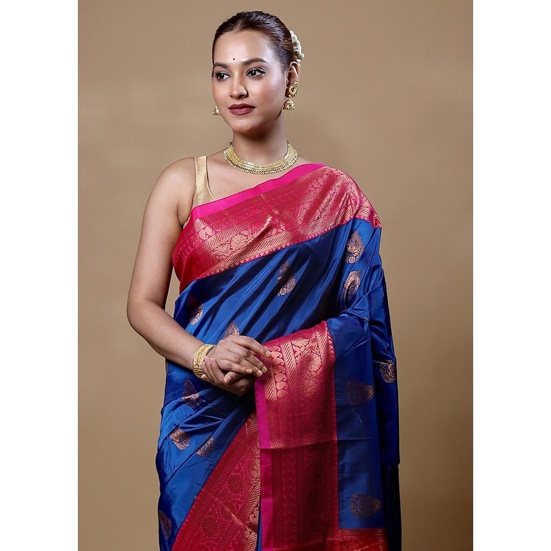 Blue Kanjivaram Silk Saree With Blouse Piece - JD986604864