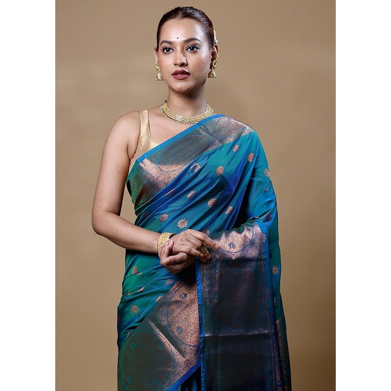 Blue Kanjivaram Silk Saree With Blouse Piece - JD986604865