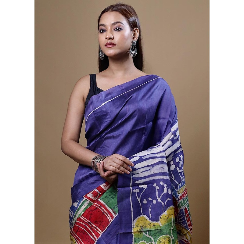 Blue Printed Pure Silk Saree Without Blouse Piece - JD986604831